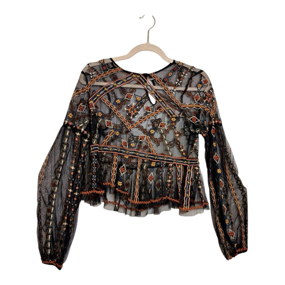 Free People Give A Little Mesh Top Black Embroidered Boho XS - Picture 4 of 10